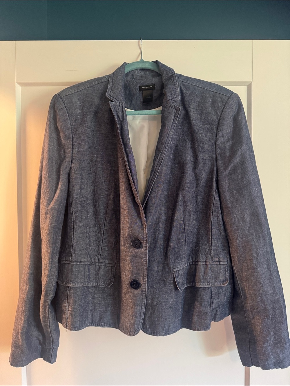 Ann Taylor Navy Textured Linen-Blend Blazer